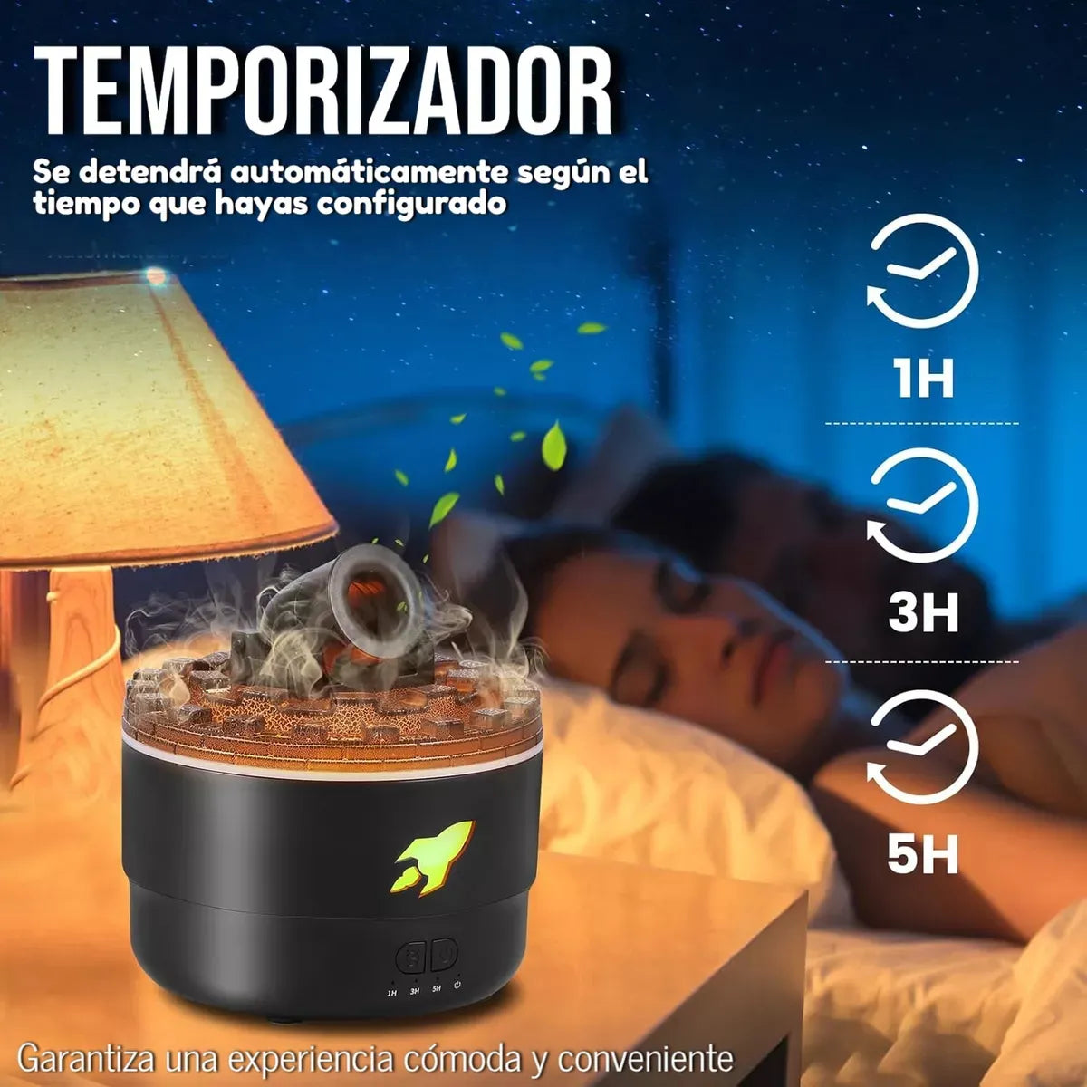 Humificador Difusor De Aromas Olores Cañon Lava Aros Luz Led - Negro