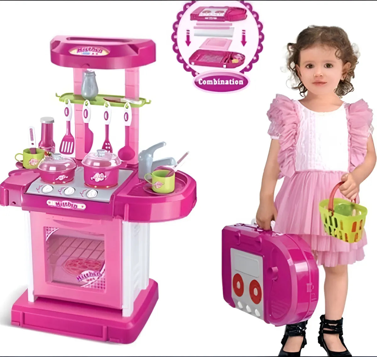 Cocina Infantil Kitchen Little Modelo 008-921A Rosa Con Luz Sonido Accesorios