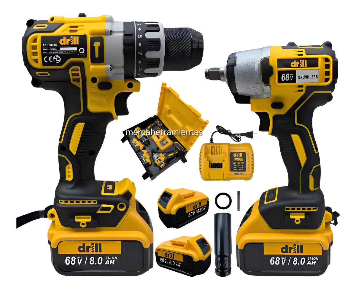 Kit Taladro Inalámbrico 13mm Y Pistola Impacto 1/2 Drill 68v - Amarillo - 60hz