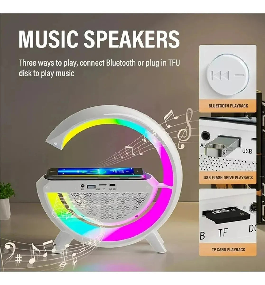Parlante Bluetooth Con Luz Rgb Y Carga Inalámbrica + Reloj Blanco
