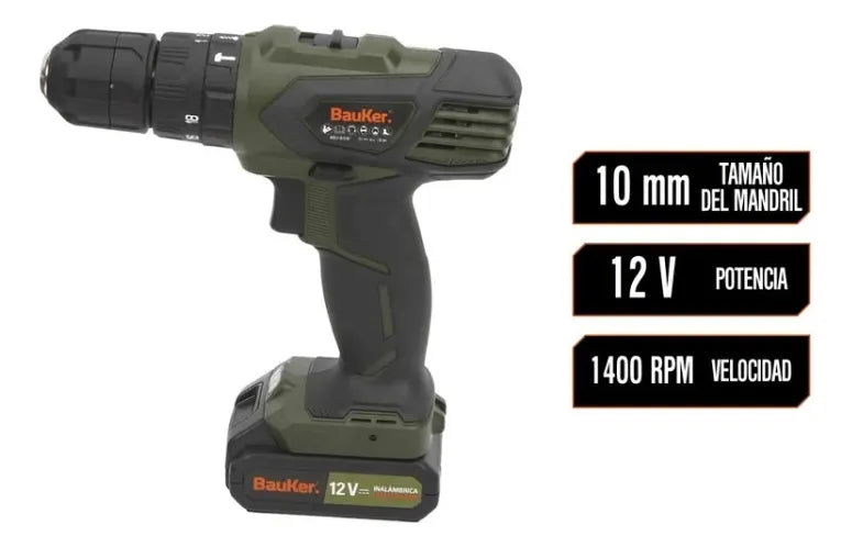 Combo Taladro 3/8 12v + 29 Accesorios + Carro 25 Bauker Verde Musgo 100