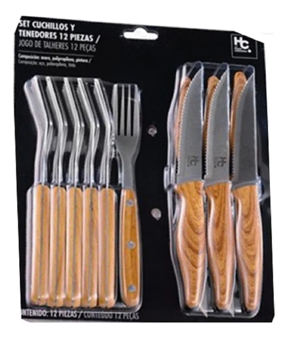Set Cubiertos Cuchillo Y Tenedor 12 Piezas, Especial Asados Color Color Madera