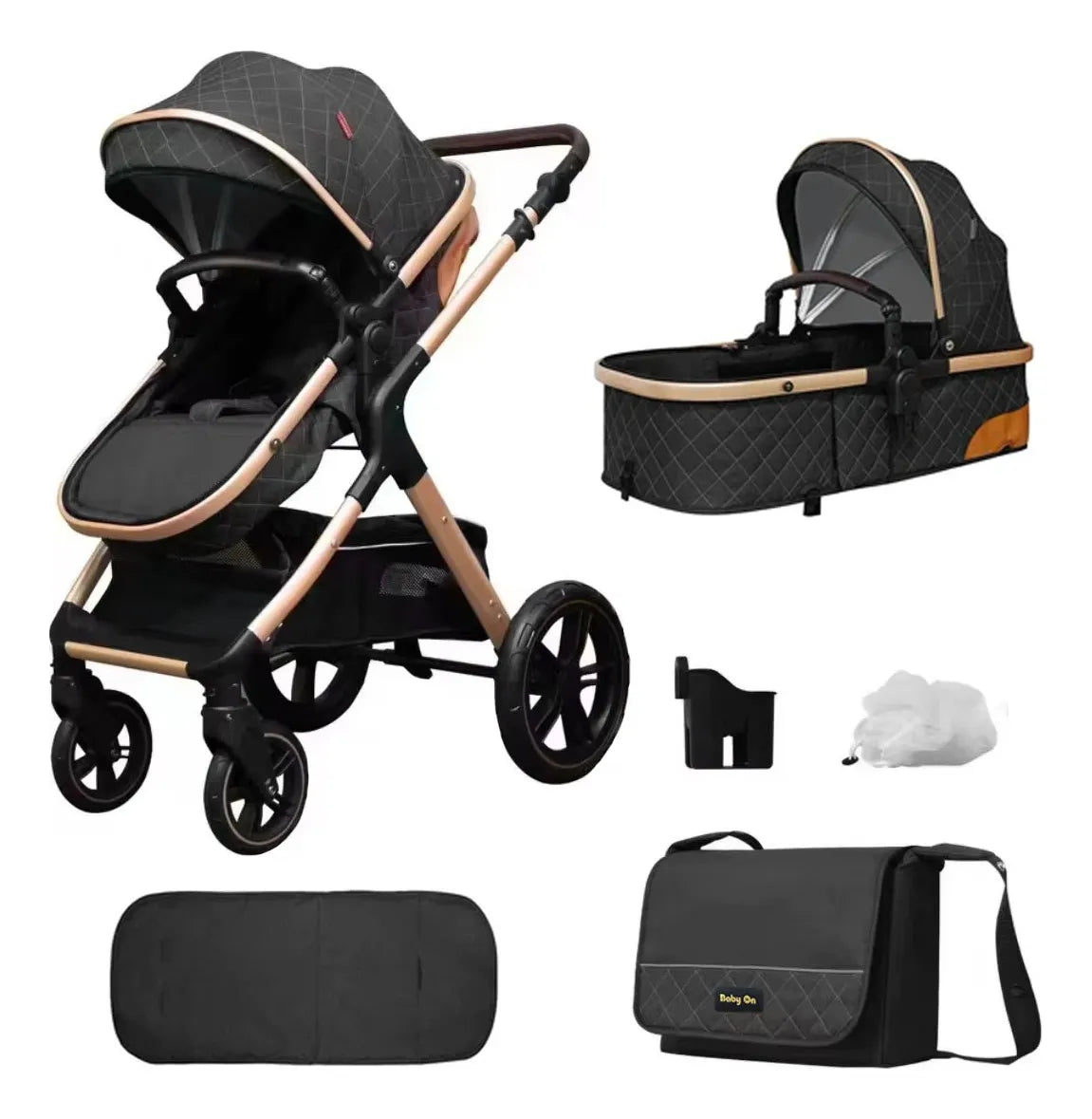 Baby on Coche Bebé Tipo Moises Paragüitas 3 en 1 en Aluminio y Accesorios Color Negro