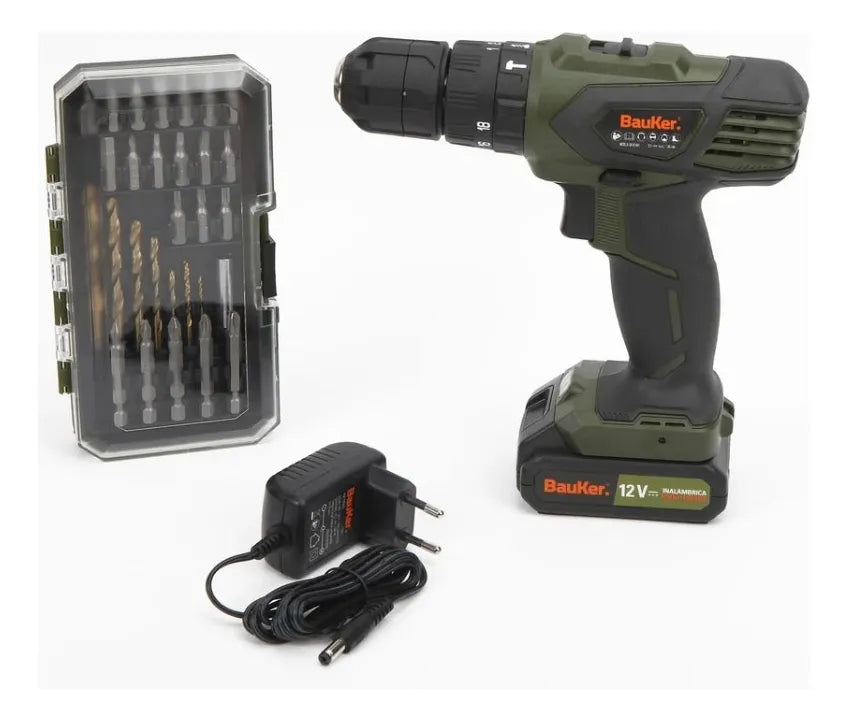 Combo Taladro 3/8 12v + 29 Accesorios + Carro 25 Bauker Verde Musgo 100