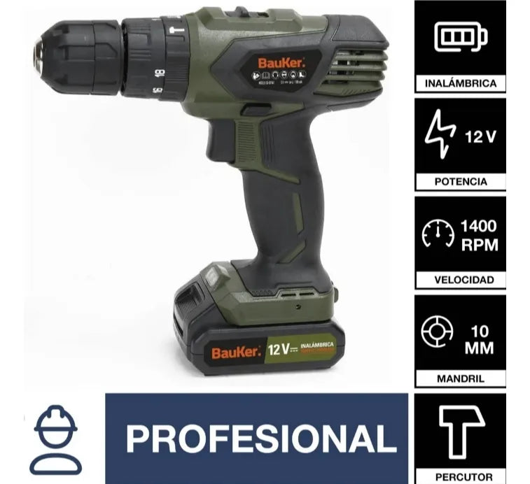 Taladro percutor atornillador inalámbrico de 10mm Bauker SD-GS1041 + accesorio 60Hz