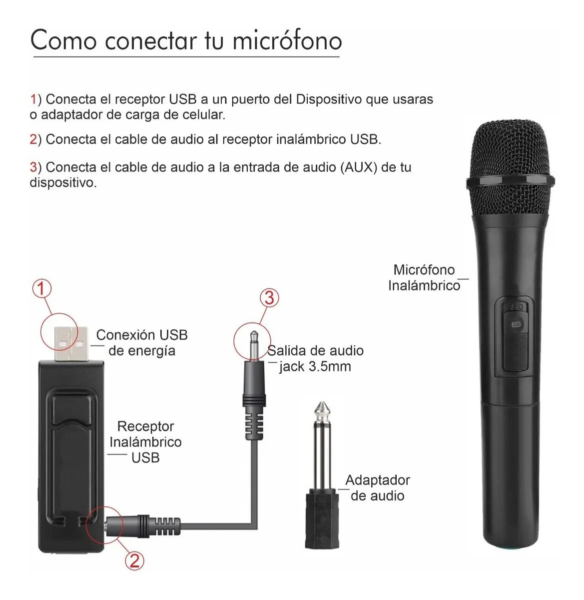 Microfono Inalambrico Profesional + Receptor Usb + Adaptador Color Negro