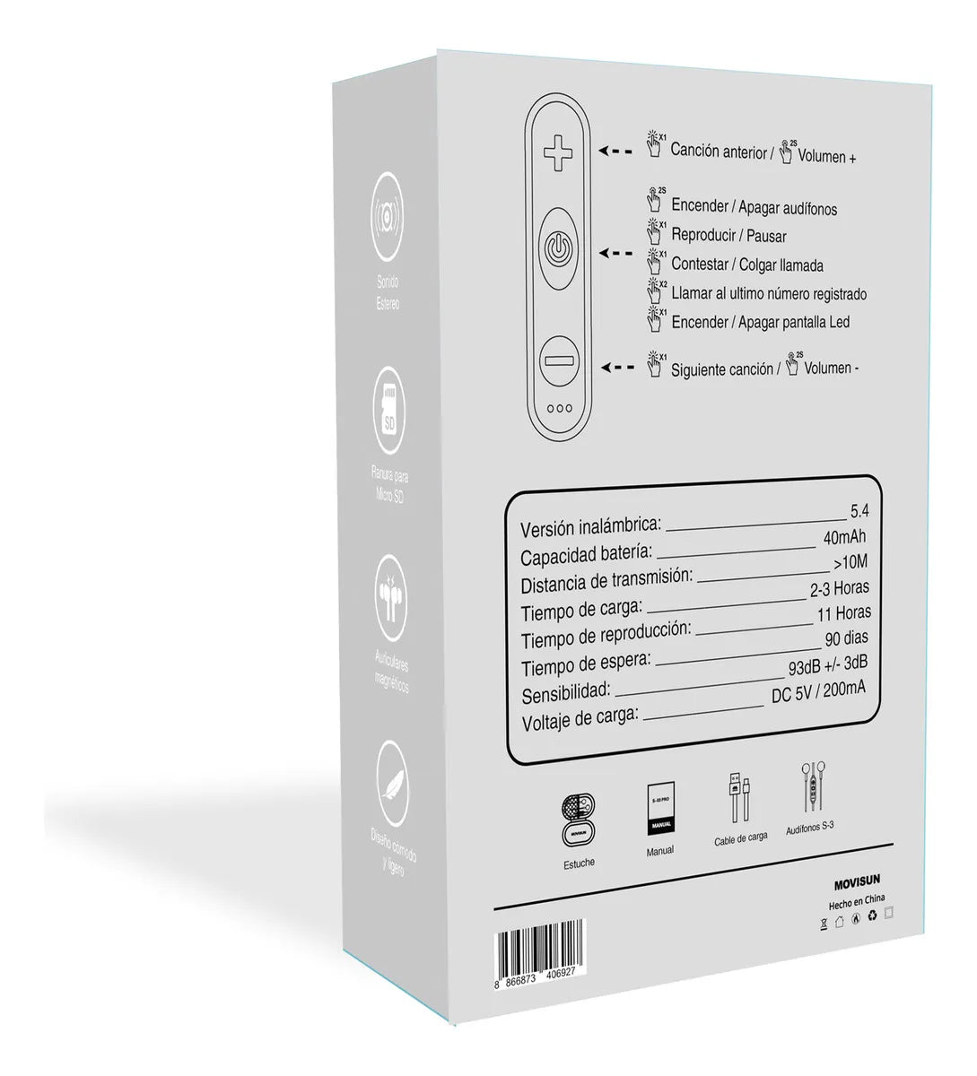 Audífonos Bluetooth Movisun S3 Magnético Color Negro