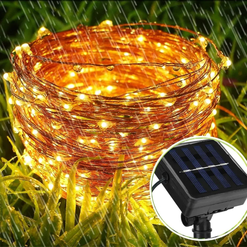 Luz Led De Navideña Recargable Con Panel Solar 100 Leds New Cálida