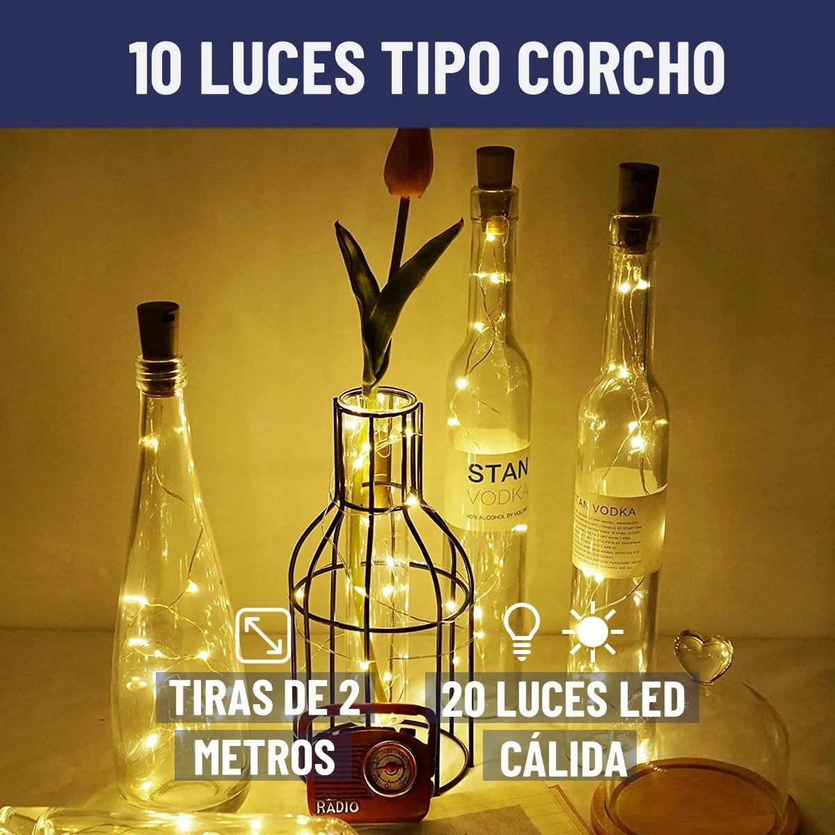 Luces Led Guirnalda Con Corcho Botella Hada X10 Unidades Calida