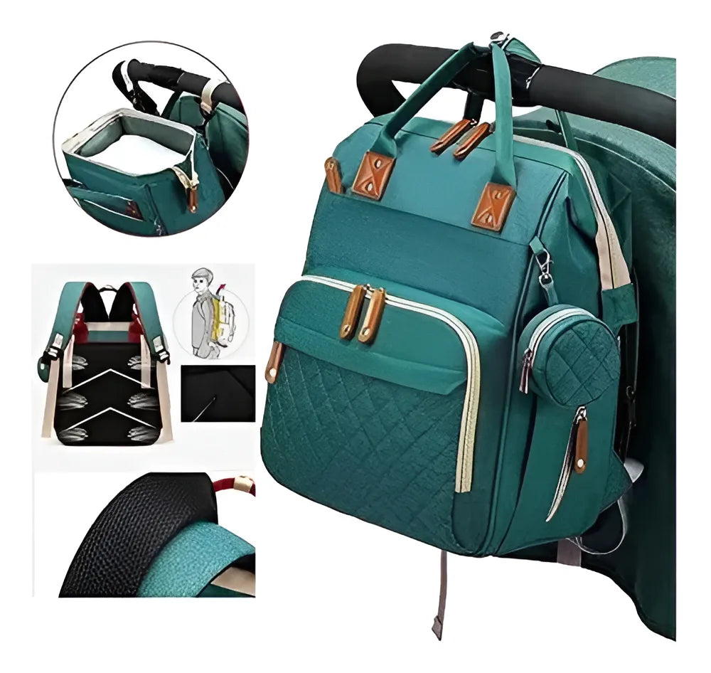 Pañalera Bebé Con Cama Cuna Portatil Cambiador Puerto Usb Color Verde oscuro