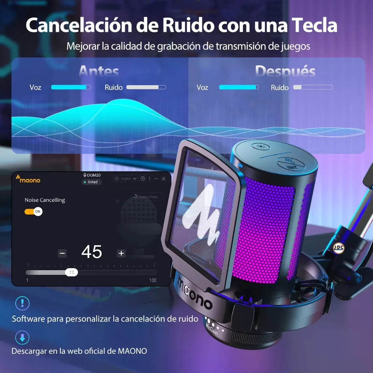 Micrófono Condensador Maono Con Cancelación De Ruido Y Soporte De Brazo Rgb Dgm20s Cardioide Para PC Y Celular Color Negro