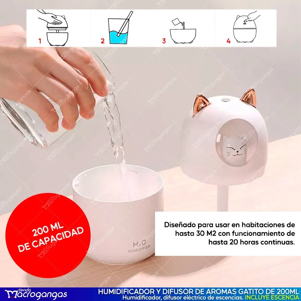Humificador Difusor Aromas Gatito + Esencia - Blanco