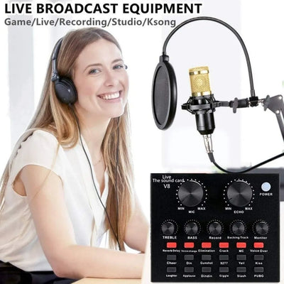 Kit Micrófono Profesional De Condensador + Tarjeta Sonido V8 Color Dorado
