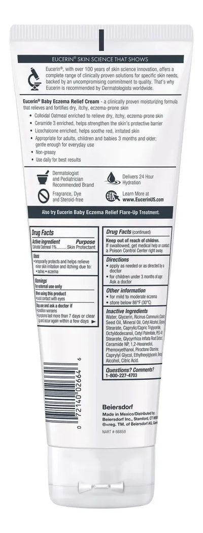 Eucerin Baby Eczema Relief Crema 226 g | Hidratante Suave Hipoalergénica Sin Fragancia Para Bebé con Piel Seca, Sensible o con Eczema | Loción Dermatológica con Avena Coloidal Que Calma, Protege y Ali