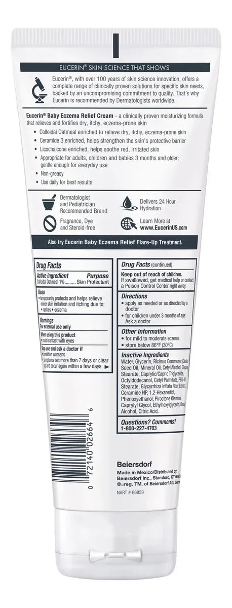 Eucerin Baby Eczema Relief Crema 226 g | Hidratante Suave Hipoalergénica Sin Fragancia Para Bebé con Piel Seca, Sensible o con Eczema | Loción Dermatológica con Avena Coloidal Que Calma, Protege y Ali
