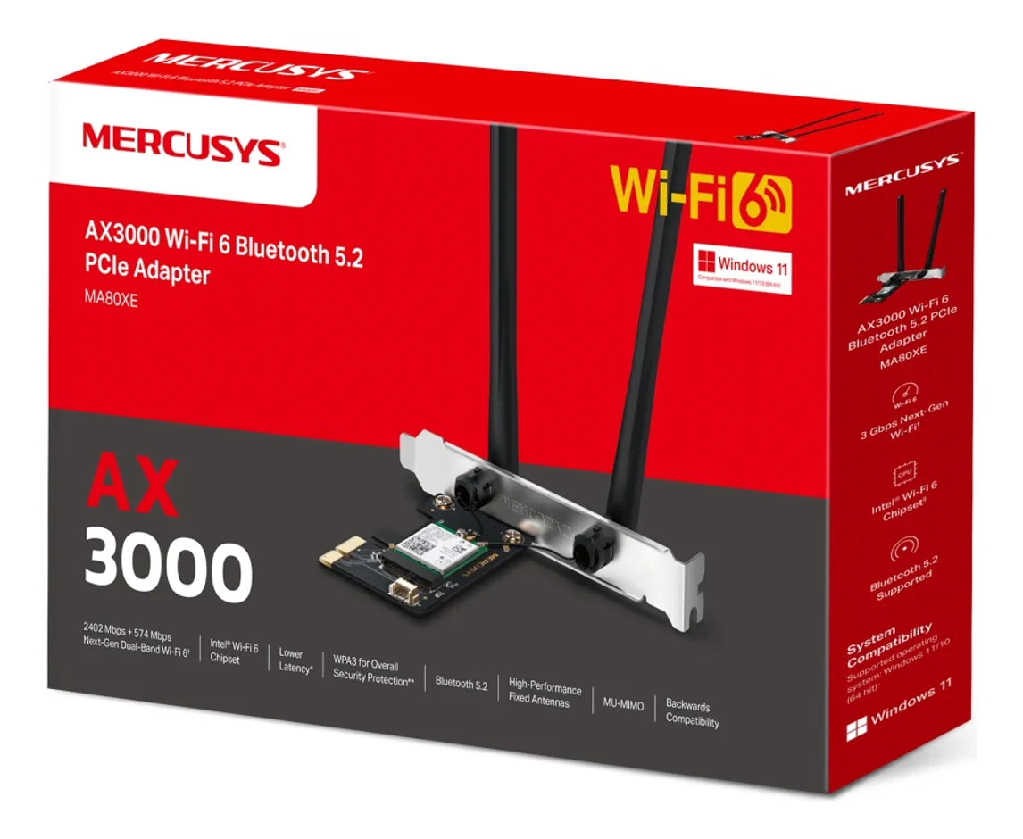 Tarjeta Red Pcie Ax3000 Wifi 6 Bluetooth 5.2 Mercusys Ma80xe