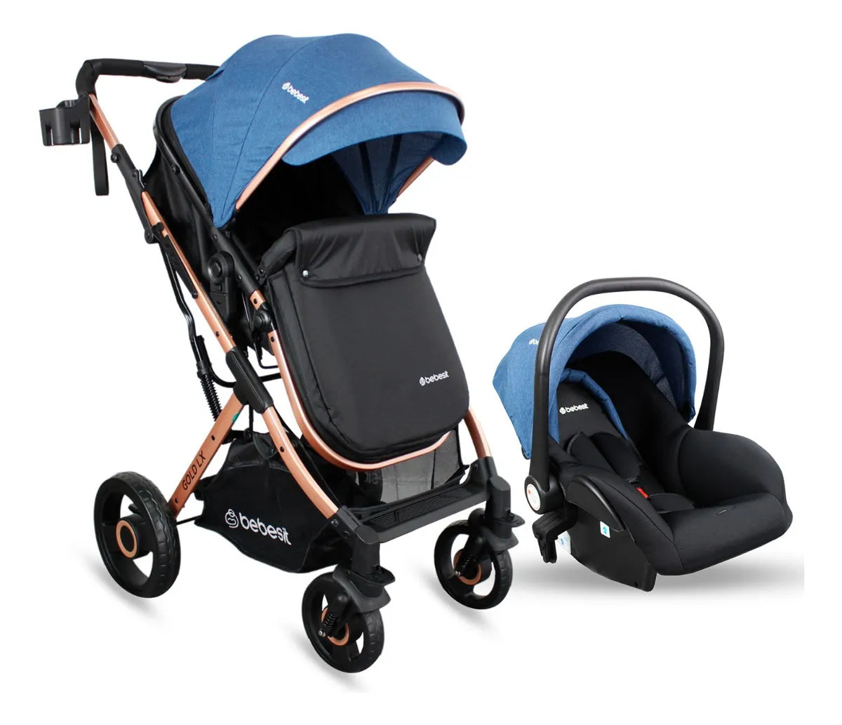 Coche Bebé Travel System Tipo Moises Color Azul Chasis Dorado