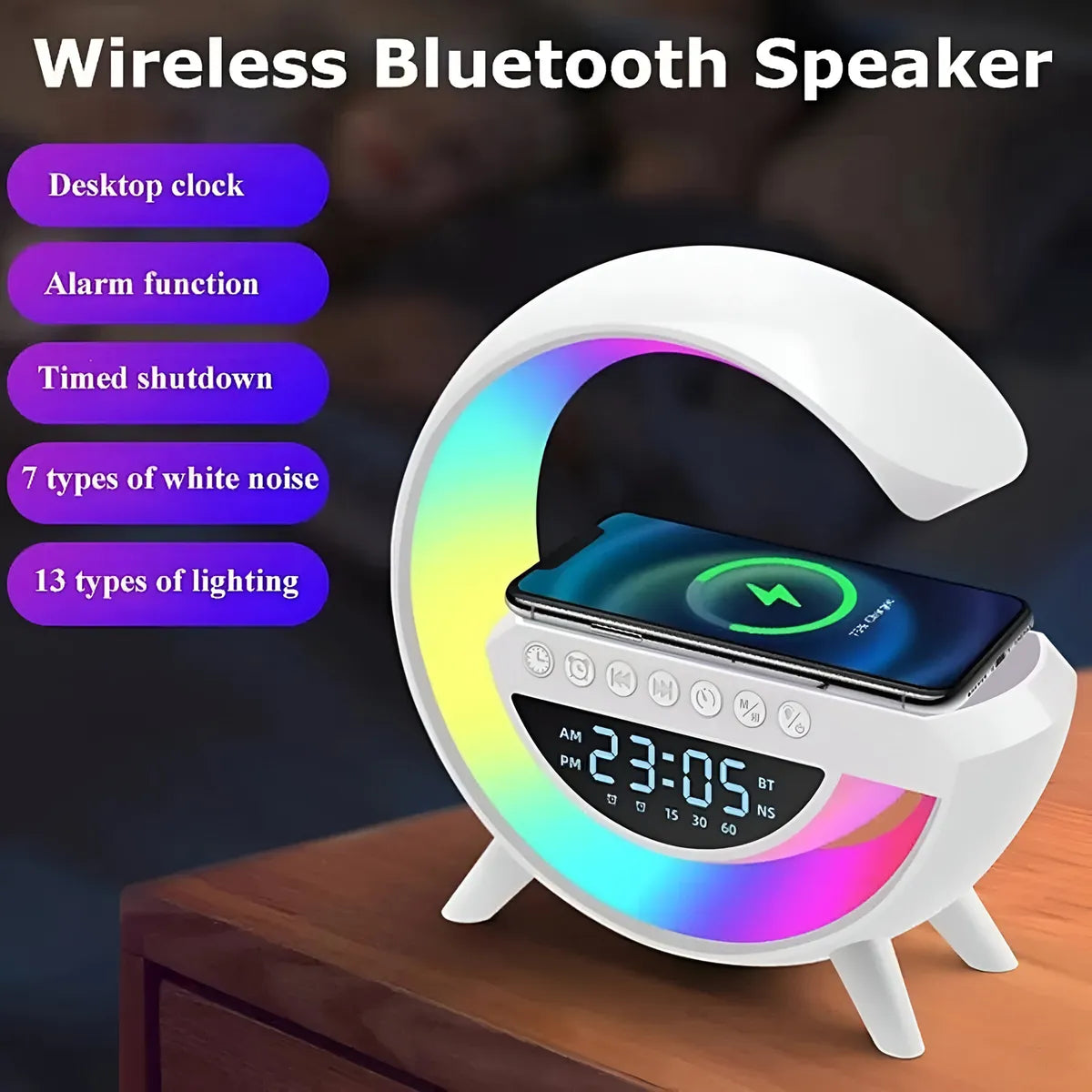 Parlante Lámpara Rgb + Carga Inalámbrica + Reloj Bt-3401 Blanco