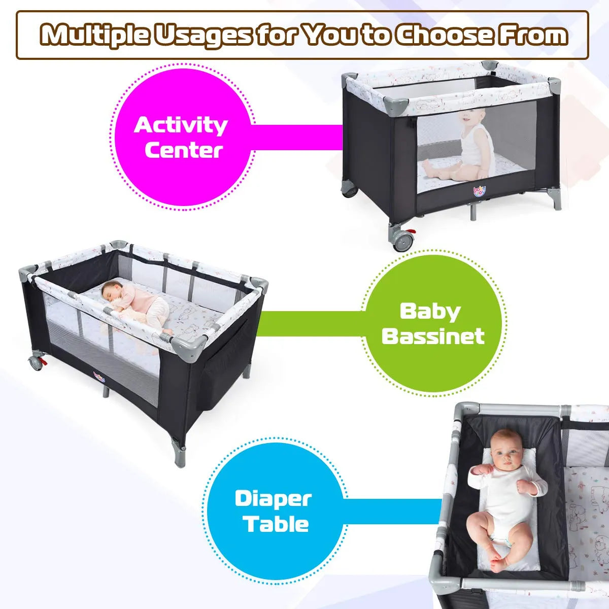Baby Joy Pack And Play 3 En 1 Portátil Con Moisés Y Cambiado
