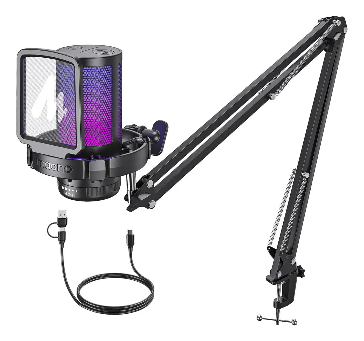 Micrófono Condensador Maono Con Cancelación De Ruido Y Soporte De Brazo Rgb Dgm20s Cardioide Para PC Y Celular Color Negro
