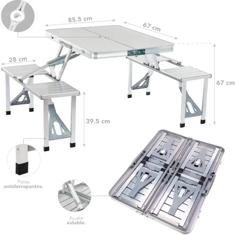 Mesa plegable tipo portafolio portátil de aluminio con 4 asientos