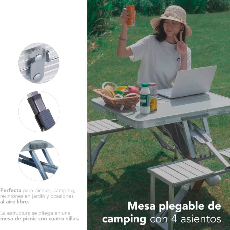 Mesa plegable tipo portafolio portátil de aluminio con 4 asientos