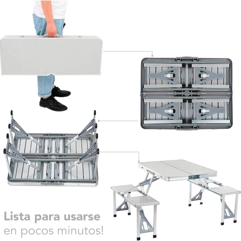 Mesa plegable tipo portafolio portátil de aluminio con 4 asientos