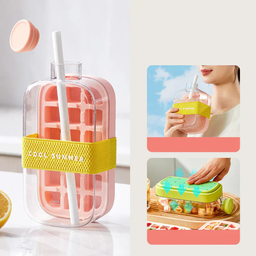FreezeMate 500ML™ – Tu compañero de bebidas heladas termo botilito Térmica Portátil con Hielo Instantáneo 2 en 1- Sistema Rápido para Congelar, Incluye Pajita y Bandeja de Cubitos + Vaso Aislante Reutilizable con Tapa Transparente. Ideal Para Camping