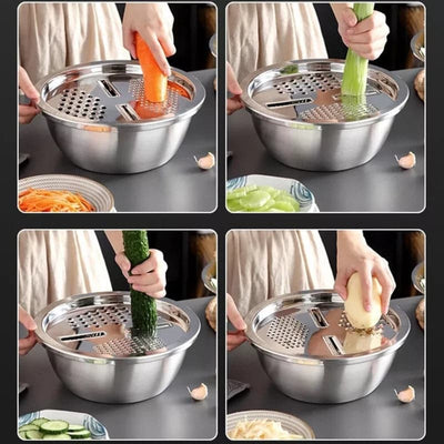 Rallador escurridor bowl multifunción 3 en 1 de  acero inoxidable 30 cm