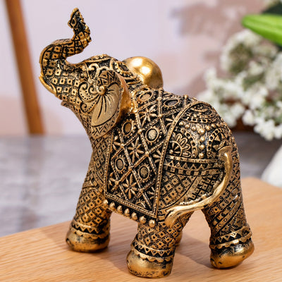 Figura de Elefante Dorado de la Suerte - Decoración de Resina Intrincada para Atraer Riqueza con Patrones Detallados para el Hogar y la Oficina, Ideal para Exhibición en la Sala de Estar, Decoración de Elefante