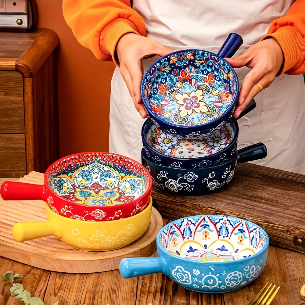 Ensaladera bohemia de cerámica con asa, 22.1 cm, apta para microondas y horno, ideal para hornear y servir en casa