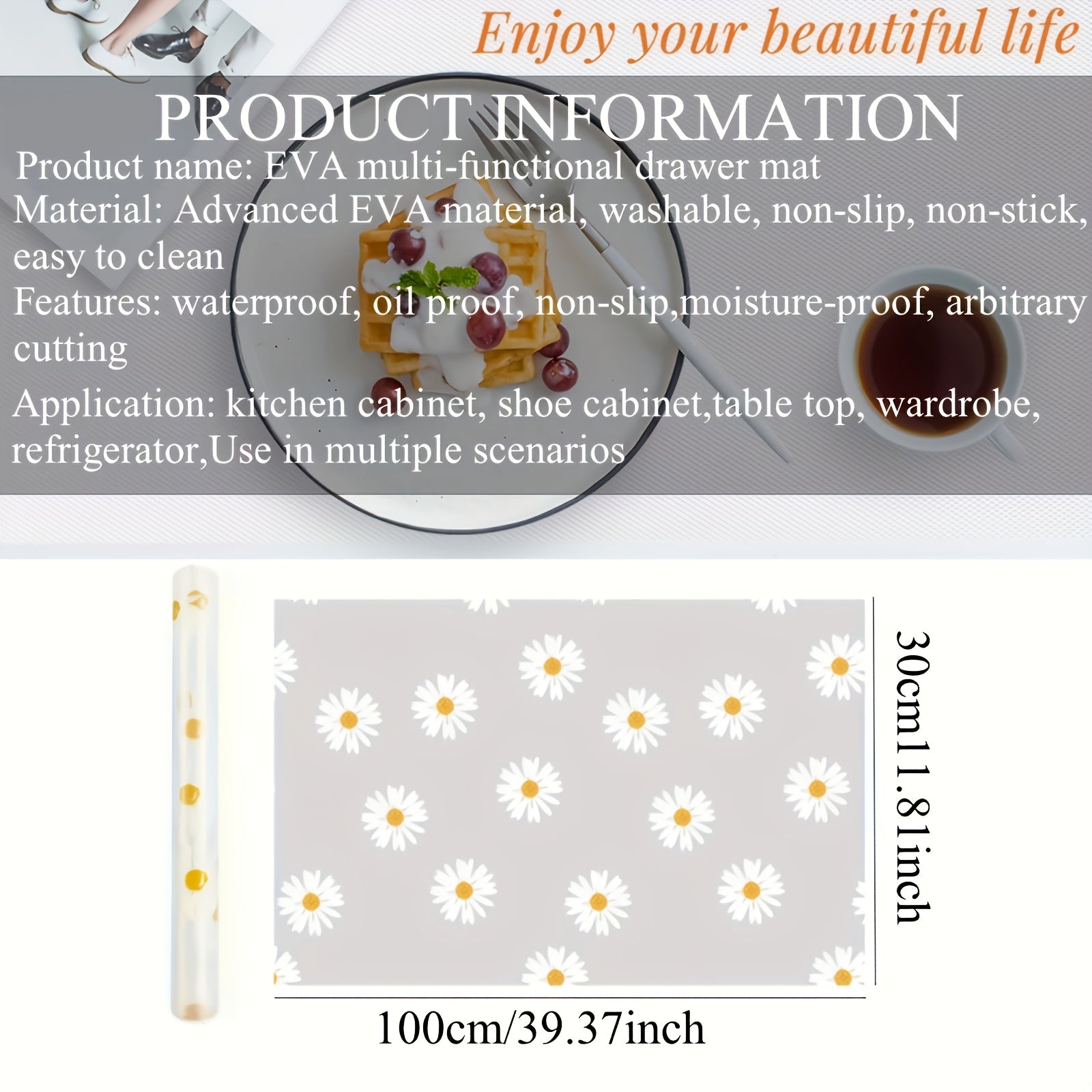 1 Rollo de forro impermeable de diseño de margarita - Fácil de limpiar, resistente al agua, aceite y deslizamiento, duradero y resistente al desgaste. Se puede cortar para ajustarlo, ideal para cocina, refrigerador, mesa y organización de cajones. Longit