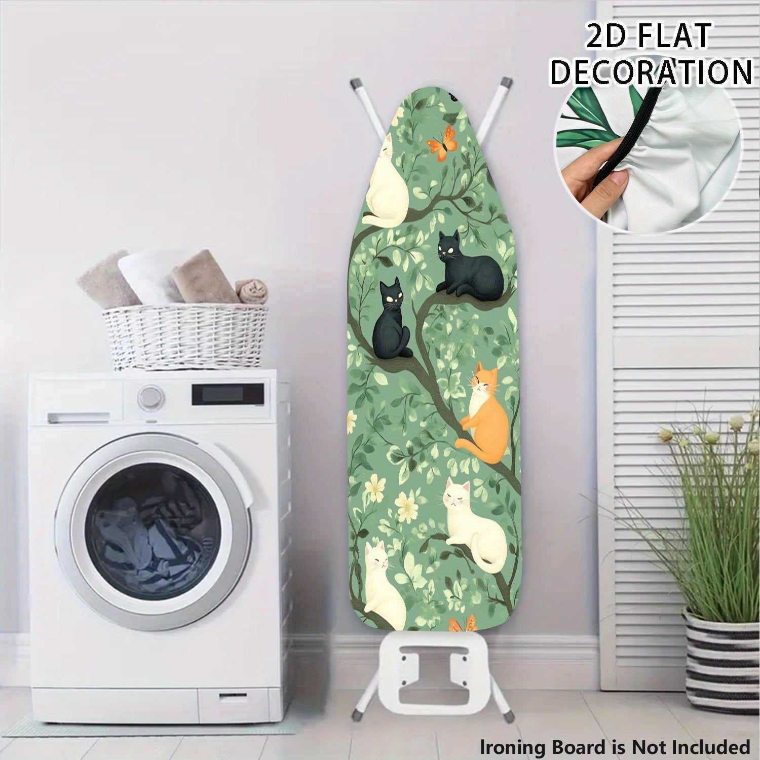 2D Plano, Cubierta de Tablero de Planchar 2D con Diseño de Gato y Flor - Instalación Fácil, Accesorio de Lavadora que Ahorra Espacio, Incluye Correas de Colgar y Tablero de Planchar, Cubierta de Lavadora, Decoración de Habitación de Lavandería, Diseño Jo