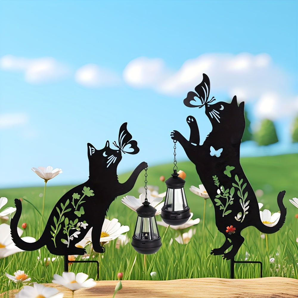 2pcs Luces solares con silueta de gato - Escultura de arte en hierro, luces de jardín para exteriores para decoración de césped y patio, iluminación exterior de metal de bajo consumo con control de sensor de luz, decoración de gato, iluminación ambiental