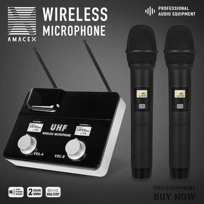 1pc AmaceX KU-63 Sistema de micrófono inalámbrico profesional UHF, sistema de karaoke portátil de 2 canales con captación omnidireccional, conector de 3,5 mm, fuente de alimentación de 110-130V, enchufe de EE. UU., no requiere batería