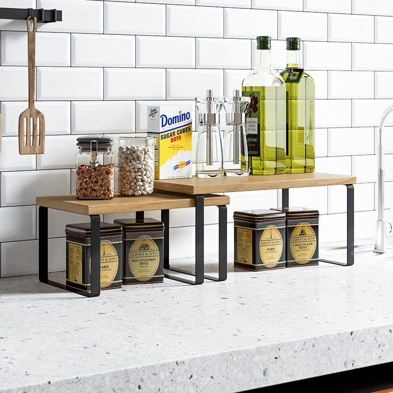 Organizador de Mueble de Cocina de Madera 1-Pack, Estante Escalonado para Encimera - Estantería Expandible para Especias, Vajilla y Suministros de Oficina, Adecuado para Comedores, Baños y Vestidores