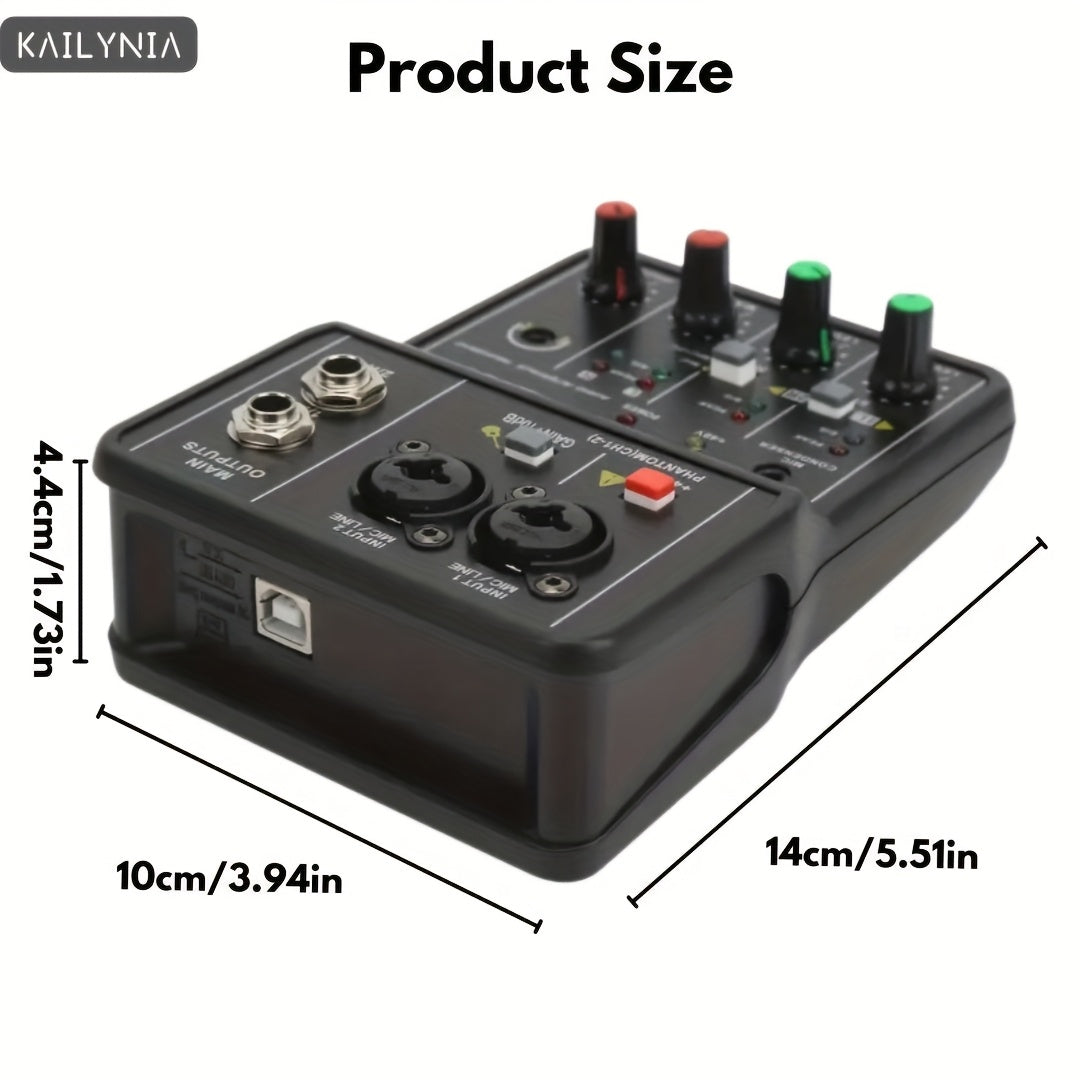 KAILYNIA Interfaz de Audio Profesional Portátil de 2 Canales con Tarjeta de Sonido y Mezclador Mini USB para Guitarra, Estudio de Grabación y Canto - , Compatible con Portátiles, Multifuncional con Control de Ganancia y Modos de Salida, Configuración de