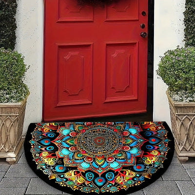 1 alfombra bohemia de media luna con diseño mandala para exteriores, antideslizante, patrones florales y geométricos vibrantes en azul, verde, amarillo, naranja y rosa, ideal para patio, camping, cocina, sala, baño, dormitorio, balcón y decoración de hab