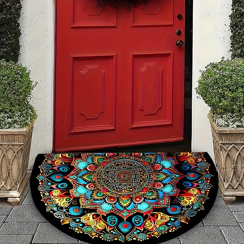 1 alfombra bohemia de media luna con diseño mandala para exteriores, antideslizante, patrones florales y geométricos vibrantes en azul, verde, amarillo, naranja y rosa, ideal para patio, camping, cocina, sala, baño, dormitorio, balcón y decoración de hab