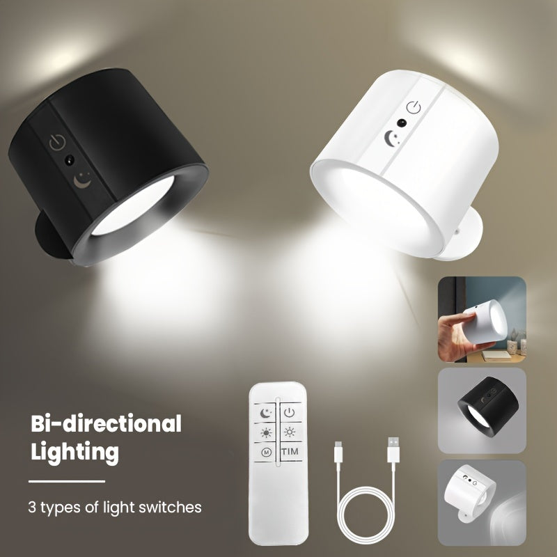 GVTCO 2 luces de pared LED de doble cara, esfera magnética giratoria 360°, luz de lectura con carga USB táctil por control remoto, 3 niveles de luz ajustable y cambio de color, multifuncional, para sala, dormitorio, pasillo, iluminación inalámbrica
