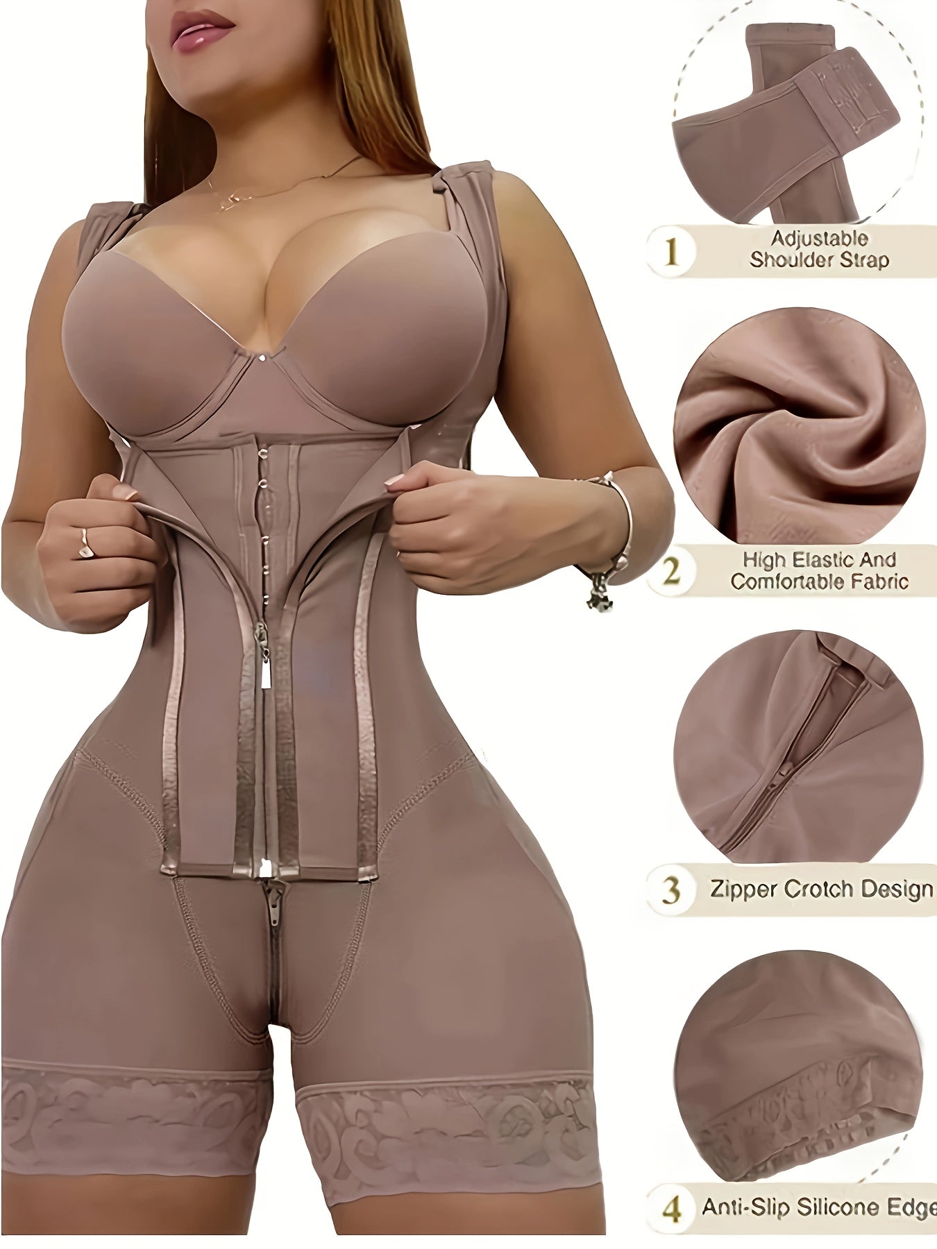 1pc Body Shaper de Cintura Alta con Detalles de Encaje, Cierre de Cremallera, Levanta Glúteos y Soporte para Senos - Elegante Mezcla de Nylon/Elastano, Ropa Interior Controladora de Abdomen
