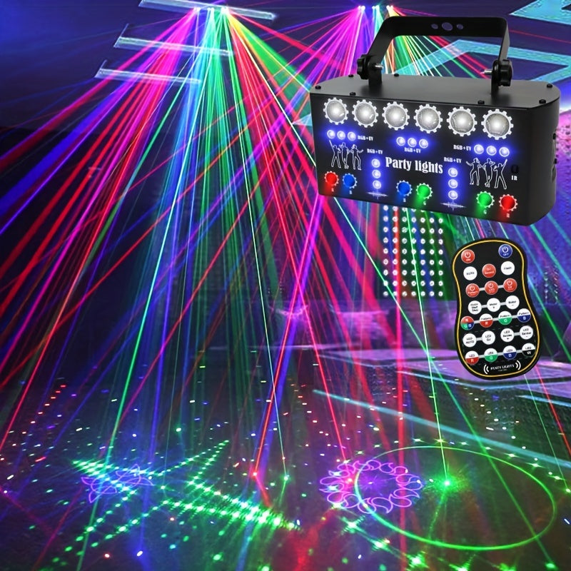 YSH 27-Luz de láser con espejo, control remoto y control de voz, función de memoria, iluminación de escenario y fiesta colorida para DJ, bar, discoteca, Halloween, eventos navideños - 110-130V, enchufe de EE. UU., marco de hierro, decoraciones de luz lás