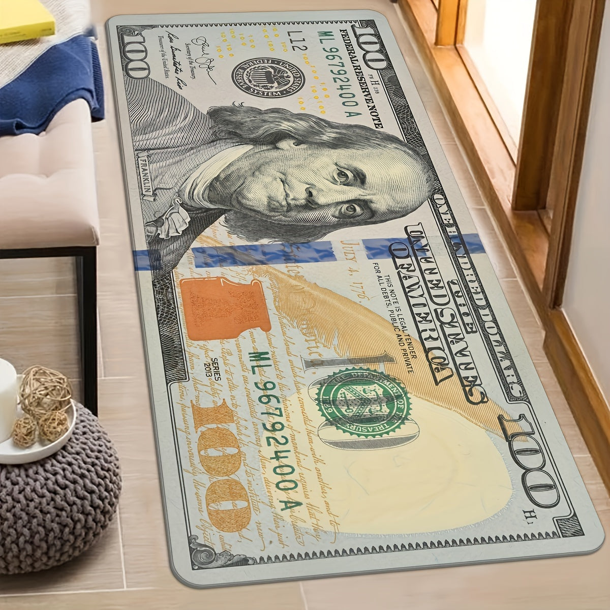 Alfombra de Diseño Creativo de Billete de $100 Antideslizante - Perfecta para Dormitorio, Cocina, Lavandería y Decoración de Pasillo | Alfombra de Poliéster Lavable a Máquina con Base Antideslizante | Ideal para Halloween, Navidad, Pascua, Acción de Grac