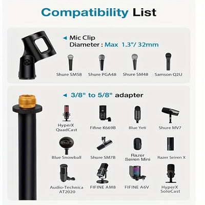 Soporte de micrófono de escritorio, soporte de micrófono de escritorio ajustable mejorado con clip de micrófono y tornillo macho de 5/8 pulgadas a tornillo hembra de 3/8 pulgadas, adecuado para Blue Yeti Snowball Spark y otros micrófonos.