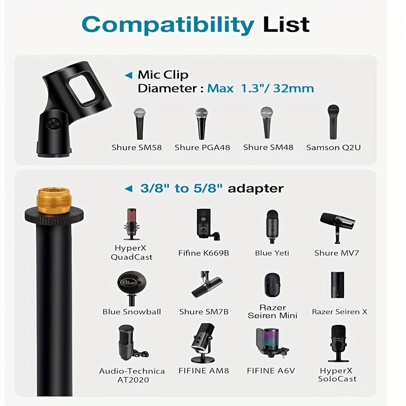 Soporte de micrófono de escritorio, soporte de micrófono de escritorio ajustable mejorado con clip de micrófono y tornillo macho de 5/8 pulgadas a tornillo hembra de 3/8 pulgadas, adecuado para Blue Yeti Snowball Spark y otros micrófonos.