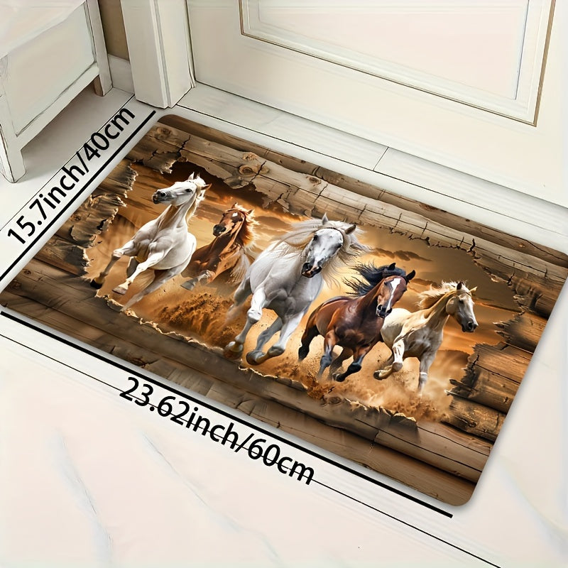 Felpudo de poliéster lavable a máquina con base de PVC antideslizante - Diseño de caballos galopantes para entrada interior, cocina, baño, dormitorio, sala de estar - Alfombra decorativa para el hogar, forma rectangular