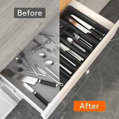 Organizador de Cajón para Cubiertos Plateados 1pc, Bandeja de Utensilios Expandible para Cocina, Soporte para Cubiertos y Cubertería Libre de BPA, Almacenamiento de Plástico Ajustable para Cucharas, Tenedores y Cuchillos, Grande