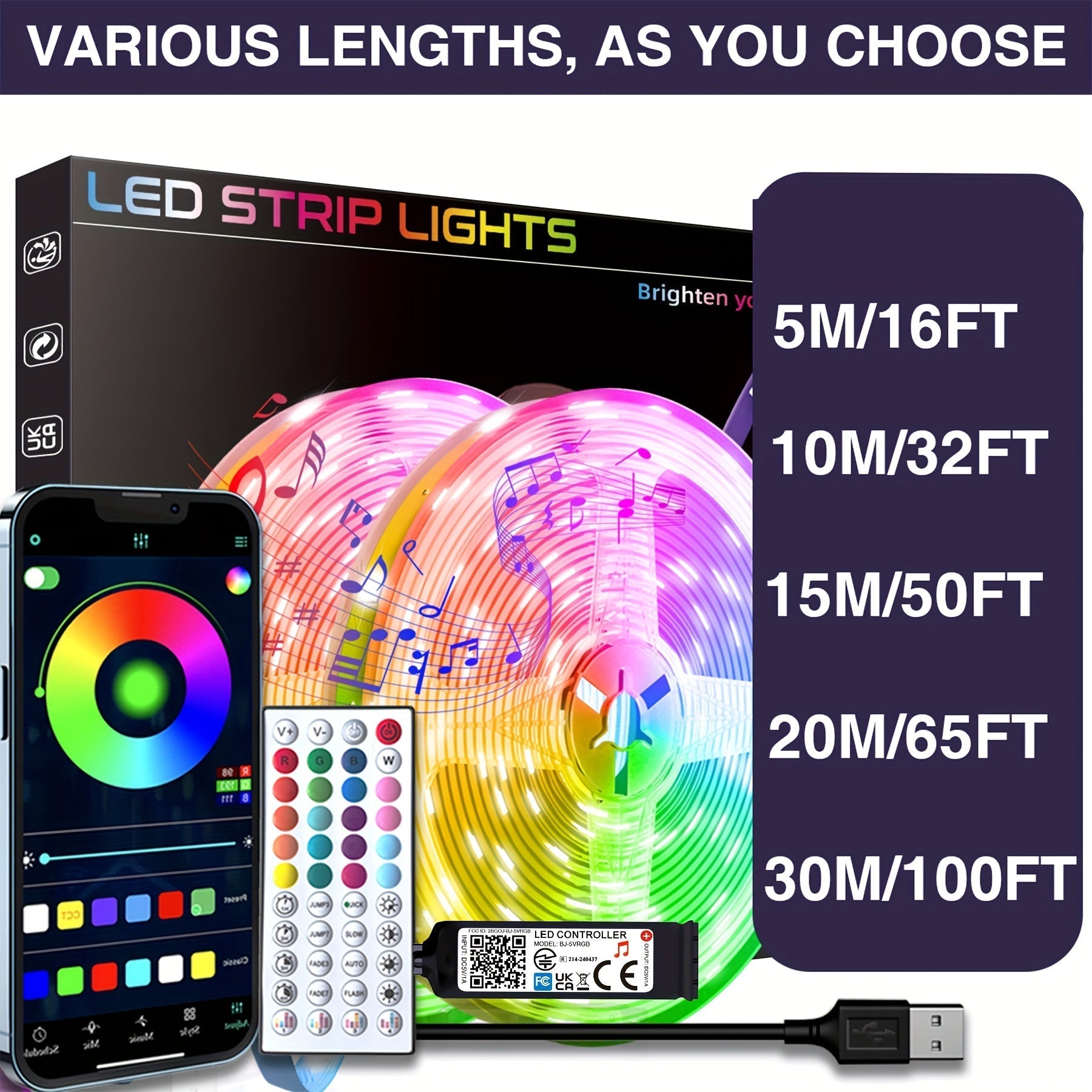 [Luces LED Inteligentes con Control APP] Tira de Luces LED de 16ft-100ft con Control por APP Inteligente - Luces de Tira Cambio de Color con Sincronización Musical, Control Remoto y Temporizador para Decoración de Dormitorio y Fiesta en Casa