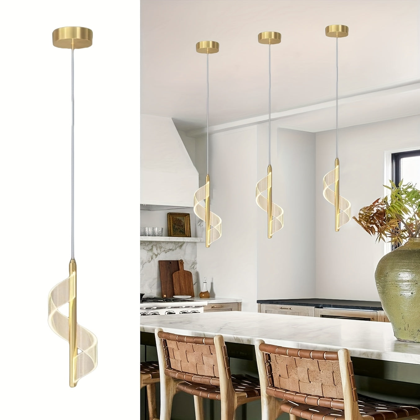 Luz de techo elegante de luces LED doradas modernas, ajustable de tres colores, adecuada para islas de cocina, comedor, dormitorio - Luces colgantes ajustables