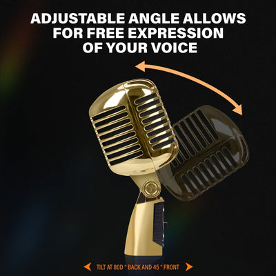 Microfono Vocal Dinámico Clásico XGeS GW55 - Acabado Metálico Dorado con Acentos Negros, Jack de 6.35mm, Funcionamiento con Alimentación por Enchufe, Ideal para Karaoke, Actuaciones En Vivo y Fiestas Musicales, Música Rock, Soporte Universal